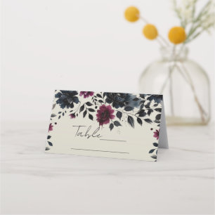 Midnight Blue Burgundy Inky Floral Almond Wedding Place Card