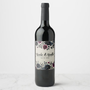 Midnight Blue Burgundy Inky Floral Almond Wedding Wine Label