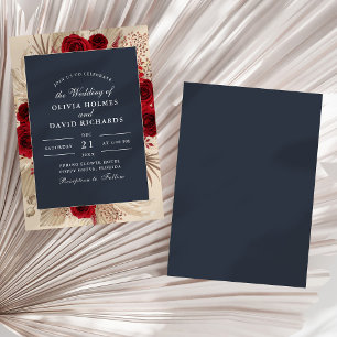 Midnight Blue Burgundy Roses Wedding Invitation