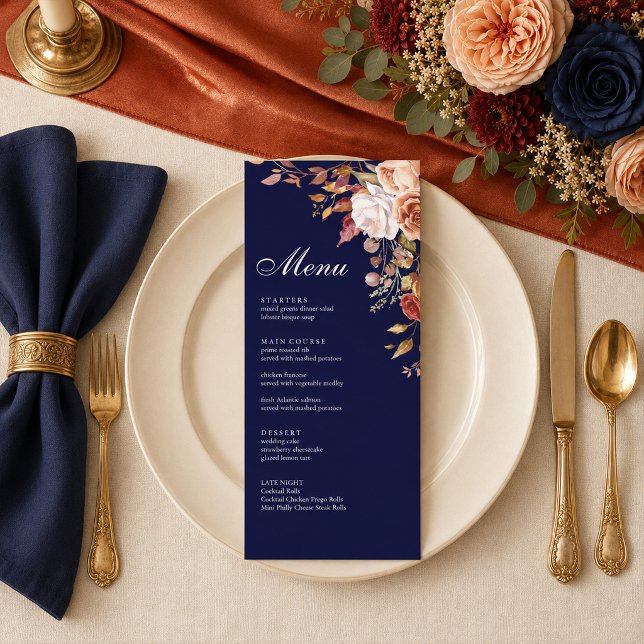 Midnight Blue Burnt Orange Floral Wedding Menu (Creator Uploaded)