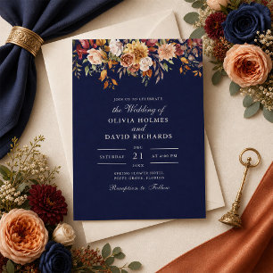 Midnight Blue Burnt Orange Wildflower Wedding Invitation