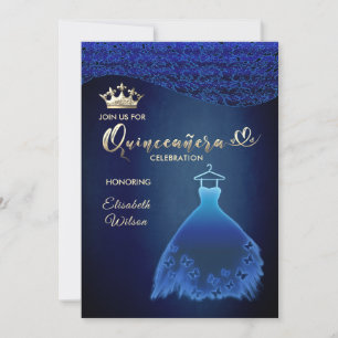 Midnight blue butterfly dress damask tiara Quince Invitation