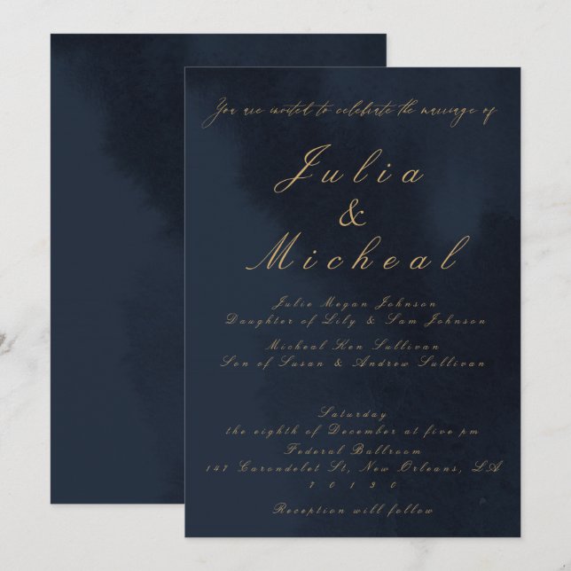 Midnight Blue Calligraphy Wedding Invitation (Front/Back)