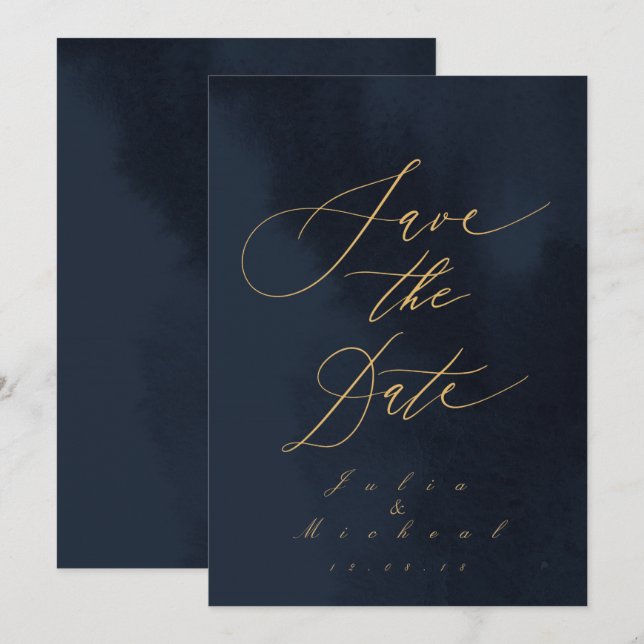 Midnight Blue Calligraphy Wedding Save The Date Invitation (Front/Back)