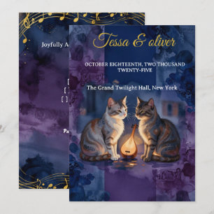 Midnight Blue Cat Watercolor Wedding Soulful Love Invitation
