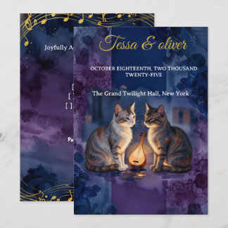 Midnight Blue Cat Watercolor Wedding Soulful Love Invitation