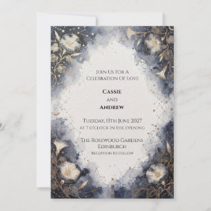 Midnight Blue Celestial Floral Wedding Invitation