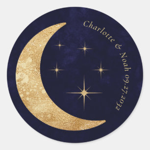 Midnight Blue Celestial Gold Moon Stars Wedding Classic Round Sticker