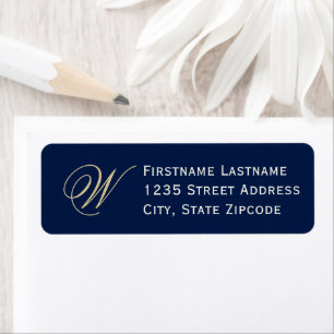 Midnight Blue Champagne Script Monogram Address