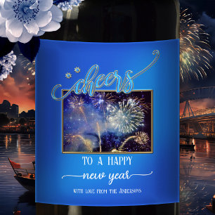 Midnight Blue Cheers New Year Photo Wine Label