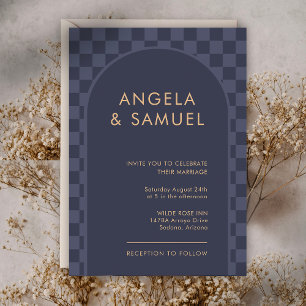 Midnight Blue Chequered Modern Wedding Invitation