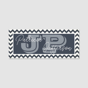 Midnight Blue Chevron Pattern: Elegant Monogrammed Name Tag