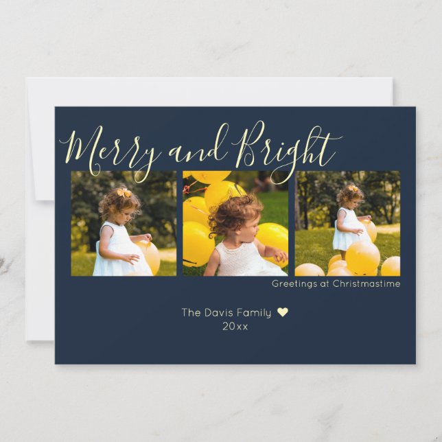 Midnight Blue Christmas Merry and Bright 3 Photo Holiday Card (Front)