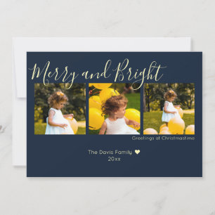 Midnight Blue Christmas Merry and Bright 3 Photo Holiday Card