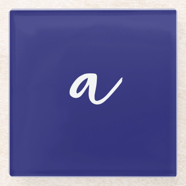 Midnight Blue Colour Minimalist Plain Monogram Glass Coaster (Front)