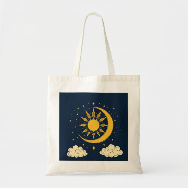 Midnight Blue Cosmic Cloud Line Art Vibe Tote Bag (Front)