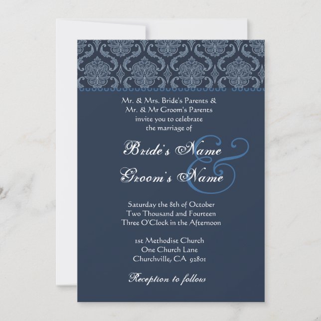 Midnight Blue Damask Wedding Invitation (Front)