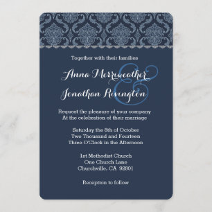 Midnight Blue Damask Wedding V02 Invitation
