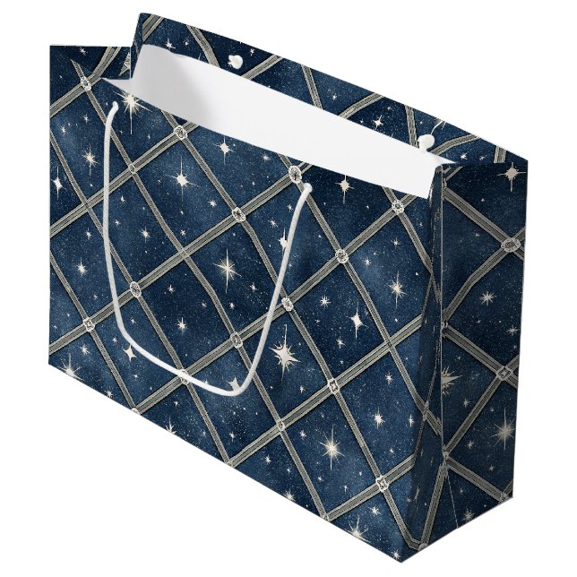 Midnight Blue Diamond Lattice - Starry Night Large Gift Bag (Front Angled)