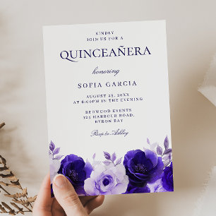 Midnight Blue Elegant Navy Roses Quinceanera Party Invitation