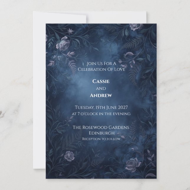 Midnight Blue Enchanted Floral Wedding Invitation (Front)