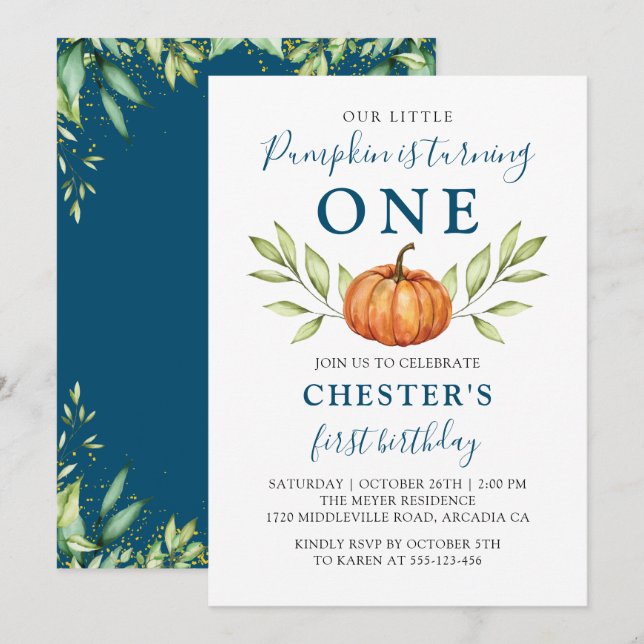 Midnight Blue Fall Little Pumpkin First Birthday Invitation (Front/Back)