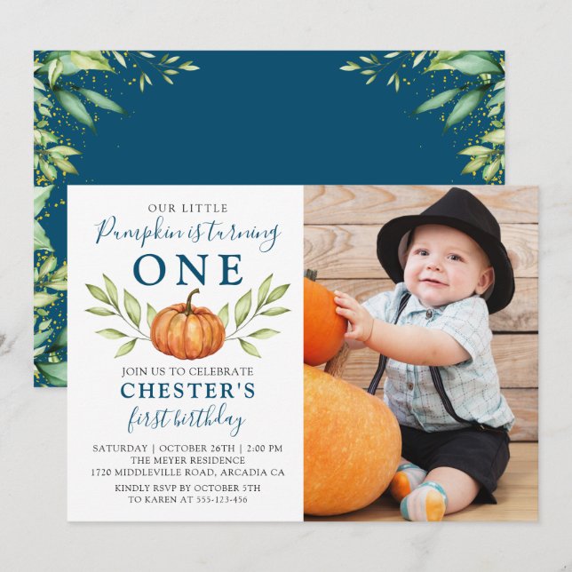 Midnight Blue Fall Pumpkin First Birthday Photo Invitation (Front/Back)