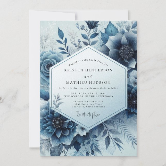 Midnight Blue Floral Bloom Wedding Invitation (Front)