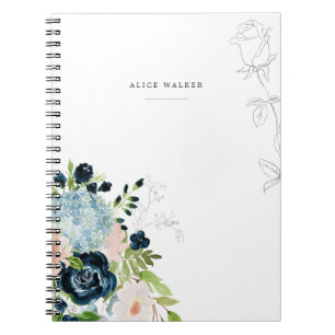 Midnight Blue Floral Blush Stationery Note Card Notebook