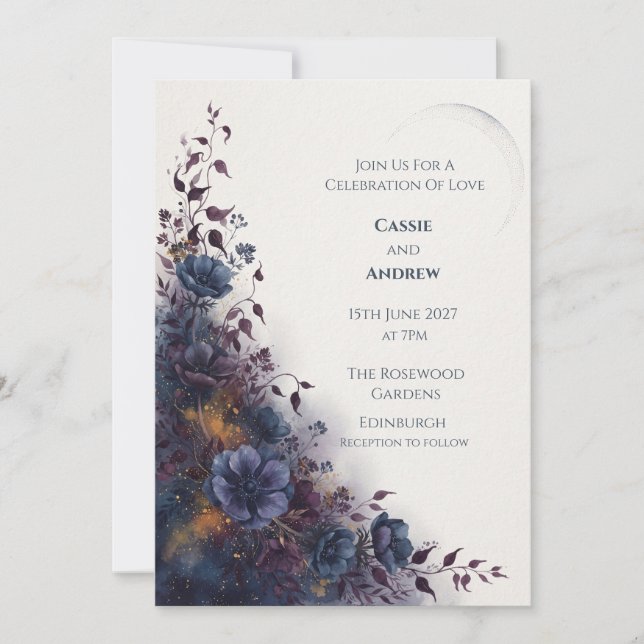 Midnight Blue Floral Celestial Wedding Invitation (Front)