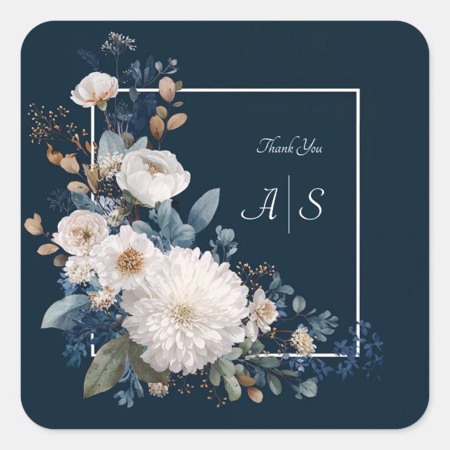 Midnight Blue Floral Elegance with White Blooms Square Sticker (Front)