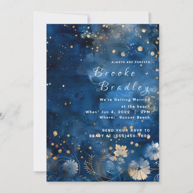 Midnight Blue Floral Galaxy Wedding Invitation (Front)