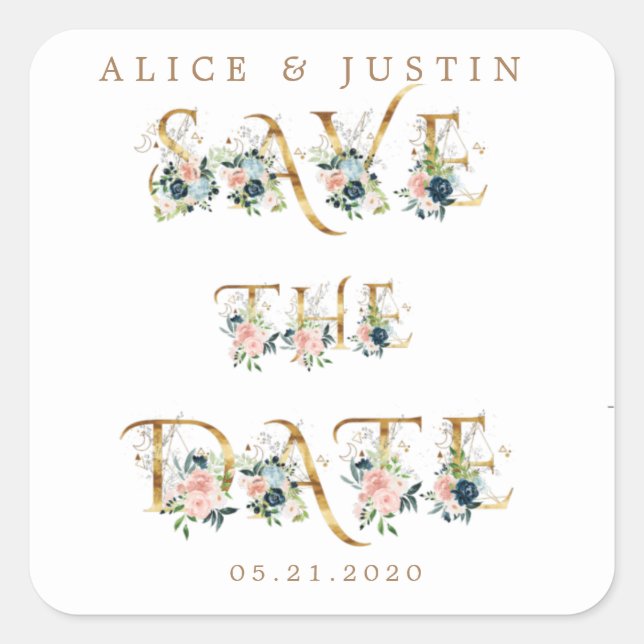 midnight blue floral gold save the date sticker (Front)
