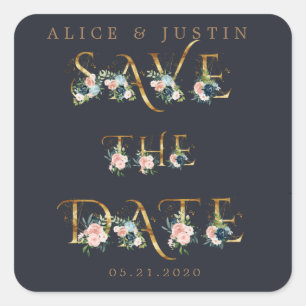 midnight blue floral gold save the date sticker