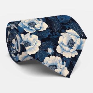 Midnight Blue Floral Necktie   Elegant Ivory Bloom