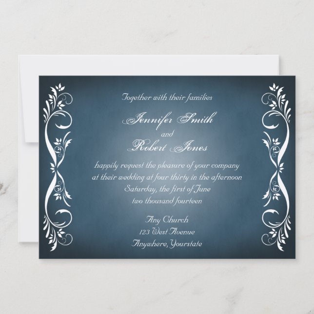 Midnight Blue Floral Posh Wedding Invitation (Front)