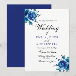 Midnight Blue Floral Rose Wedding Invitation