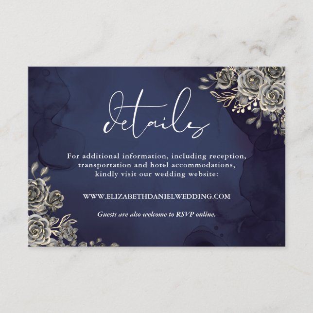 Midnight Blue Floral Roses Gothic Wedding Details Enclosure Card (Front)