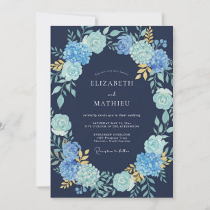 Midnight Blue Floral Watercolor Wedding Invitation