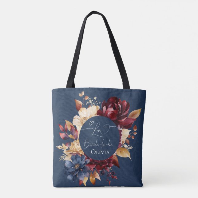 Midnight Blue Floral Wedding Tote Bag (Back)