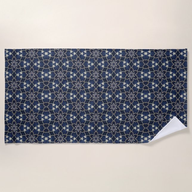 Midnight Blue Flowers Pattern Beach Towel (Front)
