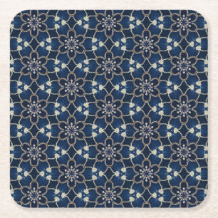 Midnight Blue Flowers Pattern Square Paper Coaster