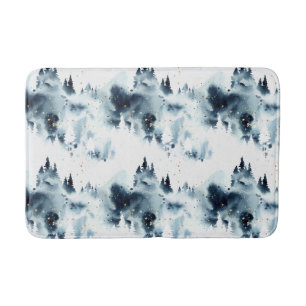 Midnight Blue Forest Watercolor Pattern Bath Mat