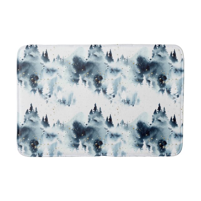 Midnight Blue Forest Watercolor Pattern Bath Mat (Front)