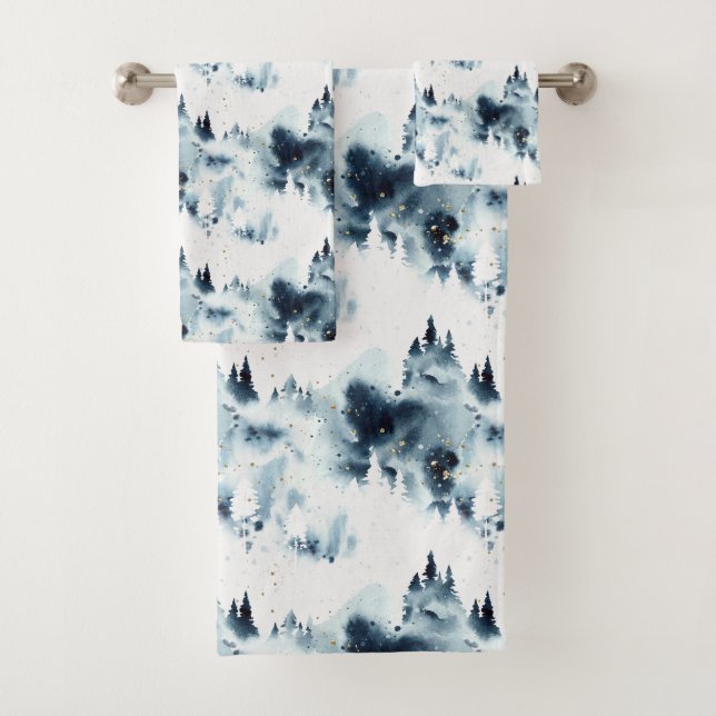 Midnight Blue Forest Watercolor Pattern Bath Towel Set (Insitu)