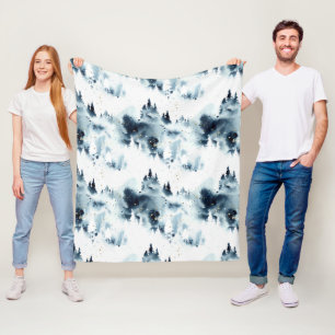 Midnight Blue Forest Watercolor Pattern Fleece Blanket