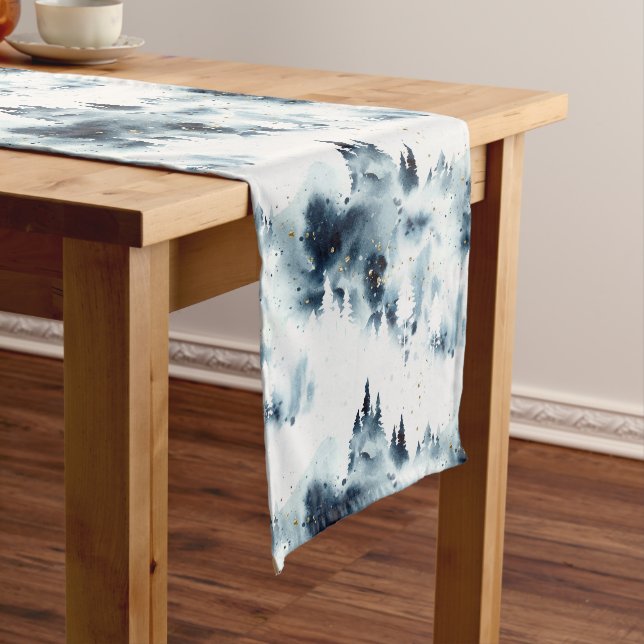 Midnight Blue Forest Watercolor Pattern Medium Table Runner (In Situ)