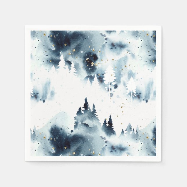 Midnight Blue Forest Watercolor Pattern Napkin (Front)