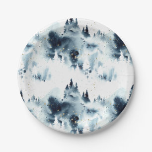 Midnight Blue Forest Watercolor Pattern Paper Plate