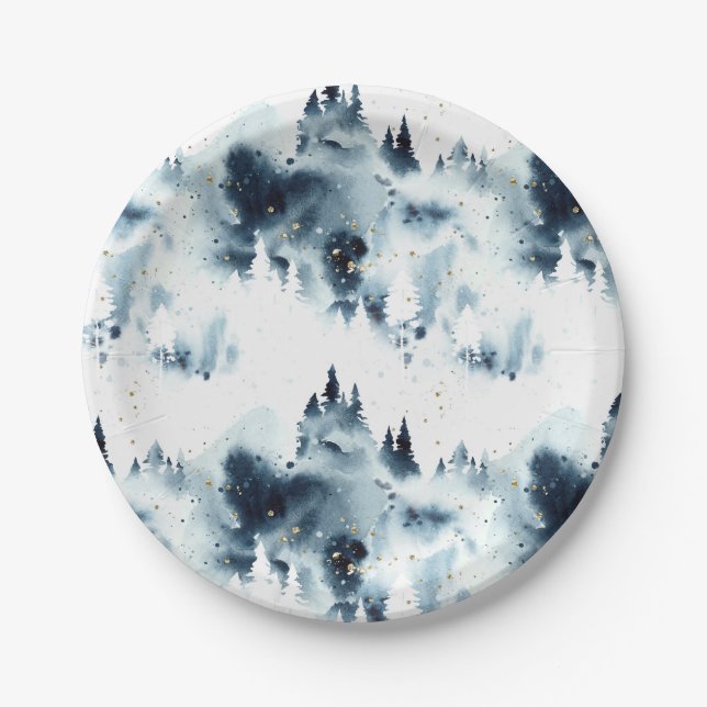 Midnight Blue Forest Watercolor Pattern Paper Plate (Front)